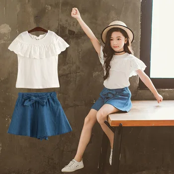 2020 Meninas Conjuntos de Vestuário de Moda de Verão T-shirt Branca e Shorts Conjuntos de 4 8 12 14 Anos Crianças Conjuntos de Vestuário para Crianças de Jeans Vestuário