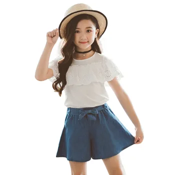 2020 Meninas Conjuntos de Vestuário de Moda de Verão T-shirt Branca e Shorts Conjuntos de 4 8 12 14 Anos Crianças Conjuntos de Vestuário para Crianças de Jeans Vestuário
