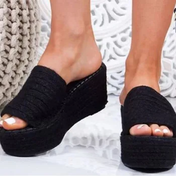 BONJOMARISA Moda Feminina Soli Escorregar Sobre o Dedo do pé Aberto Casual Cunhas de Palha Calcanhar Marca de Chinelos Mulheres 2020 Diário Sapatos de Mulher