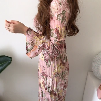 Leiouna Flare Manga Elegante com estampa Floral e Mulheres de Uma linha de 2021 Primavera Grandes Saia de Chiffon de V-pescoço Quebrado Vestido de Flor Vintage Vestido