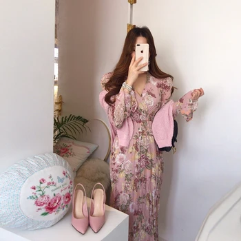 Leiouna Flare Manga Elegante com estampa Floral e Mulheres de Uma linha de 2021 Primavera Grandes Saia de Chiffon de V-pescoço Quebrado Vestido de Flor Vintage Vestido
