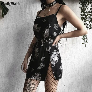 Goth Dark Gótica, Vintage, Punk Dragão De Impressão Vestidos De Harajuku Cintura Alta Estética De Verão De 2020 Dividir Vestido Chique Correia Sem Encosto
