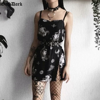 Goth Dark Gótica, Vintage, Punk Dragão De Impressão Vestidos De Harajuku Cintura Alta Estética De Verão De 2020 Dividir Vestido Chique Correia Sem Encosto