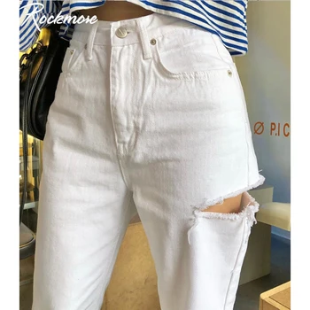 Rockmore Algodão Cintura Alta Jeans Com Furos Branco Bolsos Casual Reta Calças De Perna Larga Plus Size Jean Streetwear Calças