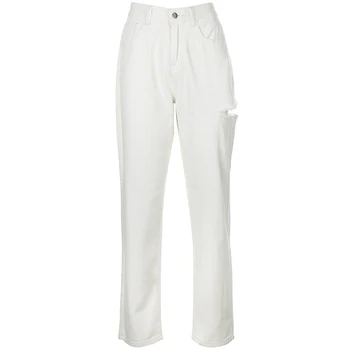 Rockmore Algodão Cintura Alta Jeans Com Furos Branco Bolsos Casual Reta Calças De Perna Larga Plus Size Jean Streetwear Calças