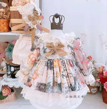 Outono inverno Vestido Floral para as Meninas Crianças espanhol Palácio de Manga Longa Vestido de baile de Aniversário do Bebê Bonito Vestido de Roupas de Criança