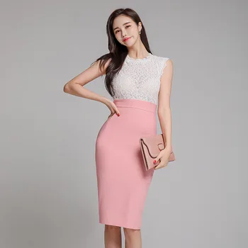 Vestido das mulheres 2020 verão nova versão coreana temperamento gola redonda, sem mangas, de renda de costura Laço de Dama de Escritório