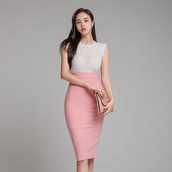 Vestido das mulheres 2020 verão nova versão coreana temperamento gola redonda, sem mangas, de renda de costura Laço de Dama de Escritório