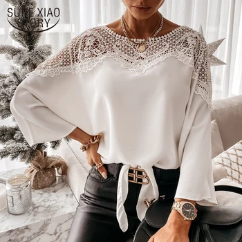 Novo Crochê, Bordado Lace camisa Mulheres 2021 Primavera Renda Costura de Camisas Brancas Vintage Plus Size Senhoras Tops, Blusas