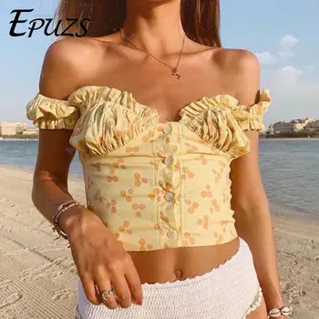 Verão tops para as mulheres de bolinhas crop top sexy puff manga amarela camisas de renda superior streetwear mulheres tops e blusas 2019