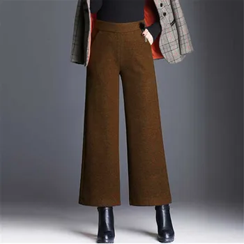Plus Size 5XL Mulheres de Lã, Calças de Street Wear Moda Elástico de Cintura Alta Largura de Perna Calças de Senhoras Office Casual, Outono, Inverno, Calças