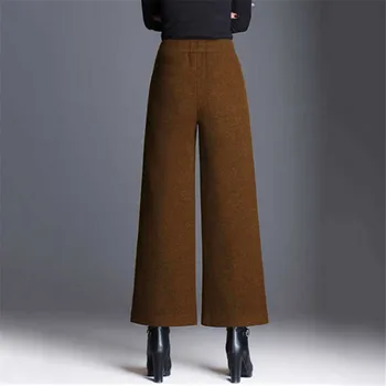Plus Size 5XL Mulheres de Lã, Calças de Street Wear Moda Elástico de Cintura Alta Largura de Perna Calças de Senhoras Office Casual, Outono, Inverno, Calças
