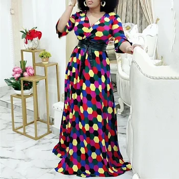 Mulheres africanas Vestido de estampa Geométrica com Cinto de Couro Elegante com Decote em V Cintura Alta Parte Longa Túnica Femme Mangas 3/4 Maxi Vestidos