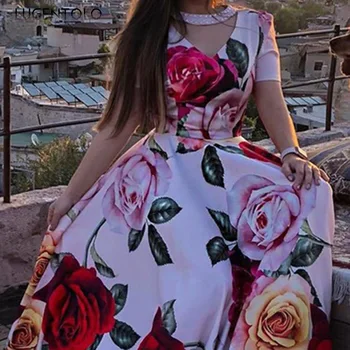 Lugentolo Maxi Vestido das Mulheres de Verão Rosa de Impressão Frisado de Manga Curta, Gola Redonda de Moda Casual Uma Linha do Assoalho-Comprimento vestido de mulher