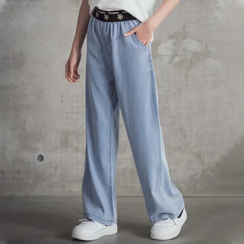Meninas Adolescentes Jeans 2020 Verão De Moda Casual Modal Tencel Azul Crianças De Pernas Largas Calças De Crianças De Uma Escola Calças 6 8 10 12 Ano
