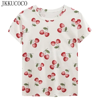 JKKUCOCO Tops Quente Tees Cereja Imprimir camiseta de Algodão t-shirt das Mulheres Camisa de Manga Curta-O-pescoço Verão t-shirt das Mulheres Tops Casual camisa
