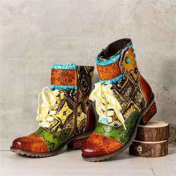 SOCOFY Sapatos de Couro em reverssa Casual de Couro Floral Splicing Zíper Lace Praça Calcanhar Ankle Boots Mulheres Sapatos Botas Mujer 2020