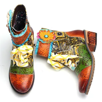 SOCOFY Sapatos de Couro em reverssa Casual de Couro Floral Splicing Zíper Lace Praça Calcanhar Ankle Boots Mulheres Sapatos Botas Mujer 2020