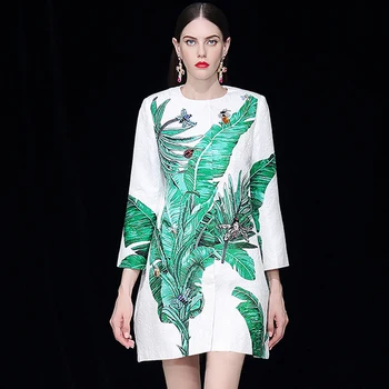 Alta Qualidade Pista Designer de Casacos de Inverno Mulher Elegante Folhas Verdes de Bananeira Impresso Diamante Beading Casacos de senhora