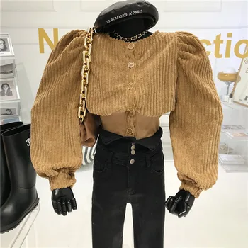 Bolha mangas Botão de veludo revestimento das Mulheres de Outono / inverno 2020 Novas Solta em torno do pescoço de moda curta camisa topo