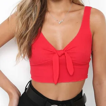 7 Cores Do Verão Correia Arco Vermelho Crop Top Mulheres V Laço De Pescoço Curto Topo Tee Fêmea 2019 Moda Praia Sexy Curto Camisole Tanque