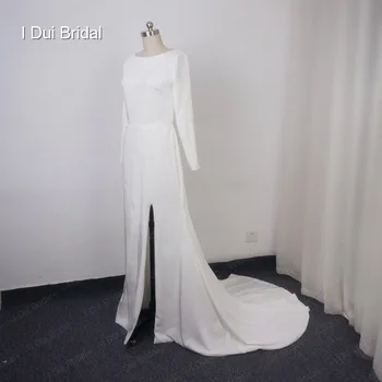 Spandex Crepe Vestido de Noiva de Manga Longa Puro Elegante Vestido de Noiva com Fenda Hilary Duff Vestido de Casamento de Material
