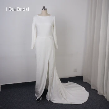 Spandex Crepe Vestido de Noiva de Manga Longa Puro Elegante Vestido de Noiva com Fenda Hilary Duff Vestido de Casamento de Material