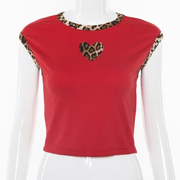 Leopard Print Emenda Vermelha de Manga Curta T-Shirt de Verão De 2019 Cortado O pescoço de Alta Rua t-shirt das Mulheres 