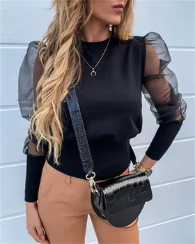 Women Lady Mesh See Through Tulle Ruffle Shirt Blouses Outwear OL Long Puff Sleeve O Neck Shirt Bodycon Loose Casual Blouse Tops