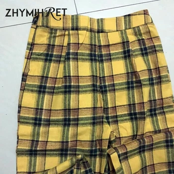 ZHYMIHRET Casual Amarelo Xadrez Cintura Alta Straight Calças para Mulheres 2019 Outono Capris Pantalon Femme Lado do Zíper da Calça de Streetwear