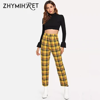 ZHYMIHRET Casual Amarelo Xadrez Cintura Alta Straight Calças para Mulheres 2019 Outono Capris Pantalon Femme Lado do Zíper da Calça de Streetwear