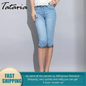 Tataria Jeans feminina Skinny estampa de Leopardo jeans Feminina Verão comprimento do joelho Leopard Jeans Mulher Capri Jeans Lápis Short Jeans