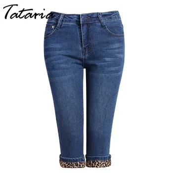 Tataria Jeans feminina Skinny estampa de Leopardo jeans Feminina Verão comprimento do joelho Leopard Jeans Mulher Capri Jeans Lápis Short Jeans