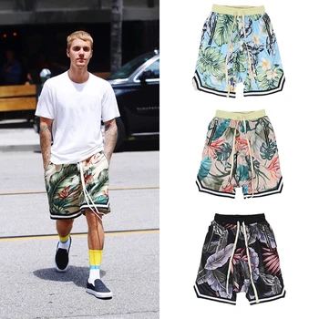 Bieber Praia Havaiana Curto Hip Hop Shorts Folgado Homens Streetwear Tid Solto E Casual Florais De Comprimento De Joelho Resort À Beira-Mar