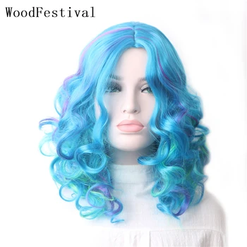 WoodFestival Multi Colorido Sintético Cosplay Perucas Para as Mulheres de Curto Encaracolado Peruca de Cabelo arco-íris Feminino Ombre Preto Azul 18Inches