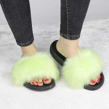 Inverno Chinelos Mulheres Feminina De Pelúcia Sapatos De Pele De Slides Quente Chinelos De Pelúcia Flip-Flops Senhoras Pele De Raposa Chinelos De Quarto Zapatos Mujer