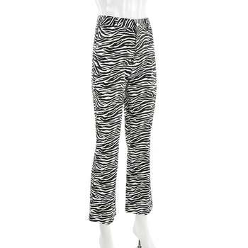 Sweetown Moda Outono Zebra Listrada Longas Retas De Calças Para Mulheres Casuais Impresso Cintura Alta Senhoras De Calças De Streetwear Corredores