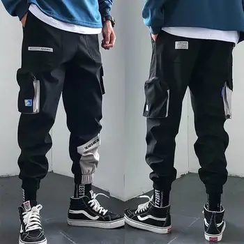 2020 Novas de Hip-hop Jogger Homens de Preto Harém Macacão Multi-bolso Fita Homem de Calças Esportivas de Streetwear Casual, Masculina Casual Calças