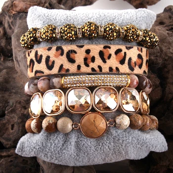 MD Moda leopard Bracelete de Couro de Definir 5pc Artesanais em Pedra Natural Feminino Femme Pulseiras Conjuntos Para as Mulheres, Jóias DropShipping