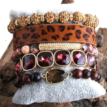 MD Moda leopard Bracelete de Couro de Definir 5pc Artesanais em Pedra Natural Feminino Femme Pulseiras Conjuntos Para as Mulheres, Jóias DropShipping