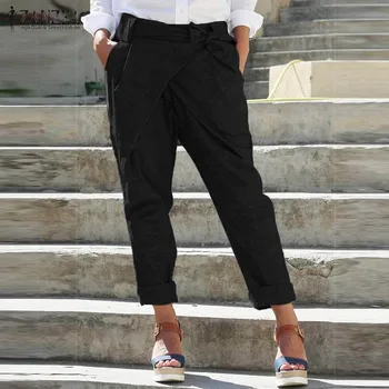 Calças de harém de Mulheres Calças de 2021 ZANZEA Elástico na Cintura Elegante, Casual, Casual Pantalon com cinto Sólido Laço Palazzo Plus Size 5XL