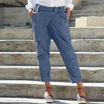 Calças de harém de Mulheres Calças de 2021 ZANZEA Elástico na Cintura Elegante, Casual, Casual Pantalon com cinto Sólido Laço Palazzo Plus Size 5XL