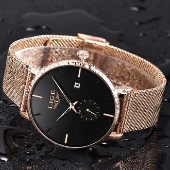 LIGE as Mulheres de Luxo Malha de Metal Assistir a Simplicidade Clássica da Moda Casual Relógio de Quartzo de Alta Qualidade Mulher Relógios Relógio Feminino