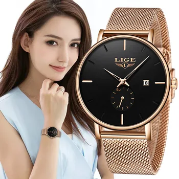 LIGE as Mulheres de Luxo Malha de Metal Assistir a Simplicidade Clássica da Moda Casual Relógio de Quartzo de Alta Qualidade Mulher Relógios Relógio Feminino