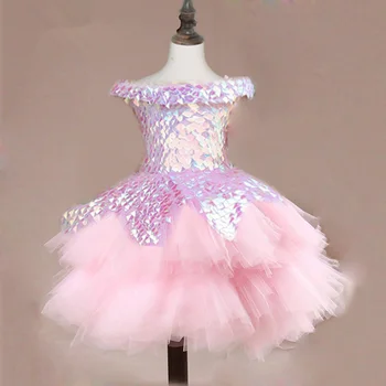 Trem Vestido de baile B018 2020 Lantejoulas cor-de-Rosa Flor Menina Vestidos para Casamentos Elegantes Ombro Fora do Barco Pescoço Meninas de Vestido de Princesa