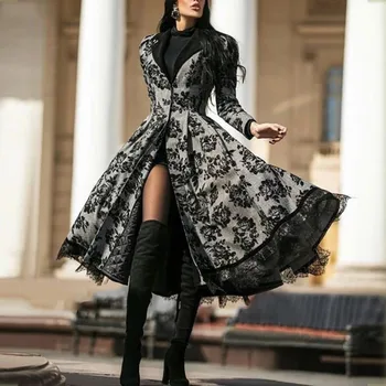 As mulheres elegantes botão de manga longa de renda com retalhos de divisão midi vestido sukienka preto gótico vestido de 2020 queda vestidos de festa para mulheres