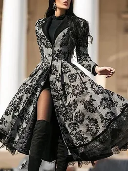 As mulheres elegantes botão de manga longa de renda com retalhos de divisão midi vestido sukienka preto gótico vestido de 2020 queda vestidos de festa para mulheres