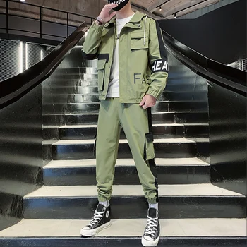 2020 Vestuário de trabalho Revestimento dos Homens de Casaco com Capuz+Calça 2PC Define Solta Hip Hop de Treino de Mens Casaco & Calças Mens Roupas de Streetwear