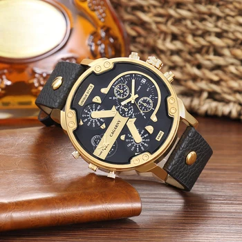 Luxo Cagarny Quartzo Relógio Homens de Preto Pulseira de Couro Dourado Caso de Dupla Vezes Militares dz Relógio Masculino Casual Mens Relógios de Homem
