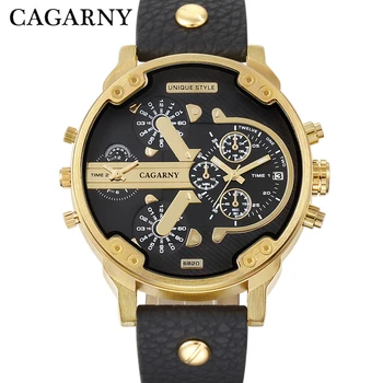 Luxo Cagarny Quartzo Relógio Homens de Preto Pulseira de Couro Dourado Caso de Dupla Vezes Militares dz Relógio Masculino Casual Mens Relógios de Homem